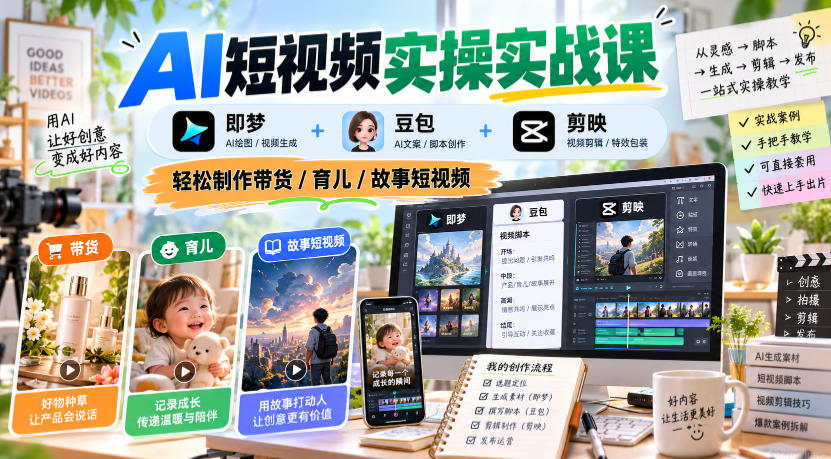 AI短视频实操实战课,即梦+豆包+剪映,轻松制作带货/育儿/故事短视频-网赚36计