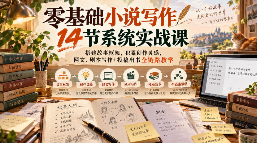 零基础小说写作14节系统实战课,搭建故事框架,积累创作灵感,网文、剧本写作+投稿出书全链路教学-网赚36计