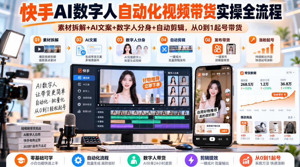 快手AI数字人自动化视频带货实操全流程|素材拆解+AI文案+数字人分身+自动剪辑,从0到1起号带货(更新26年)-网赚36计