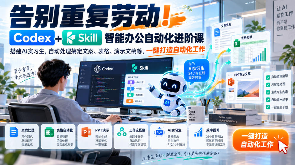 告别重复劳动!Codex+Skill智能办公自动化进阶课|搭建AI实习生,自动处理搞定文案、表格、演示文稿等,一键打造自动化工作-网赚36计