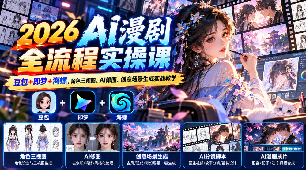 【无水印】2026 AI漫剧全流程实操课|豆包+即梦+海螺,角色三视图、AI修图、创意场景生成实战教学-网赚36计
