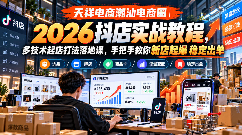 天祥电商潮汕电商圈｜2026抖店实战教程，多技术起店打法落地课，手把手教你新店起爆稳定出单-网赚36计