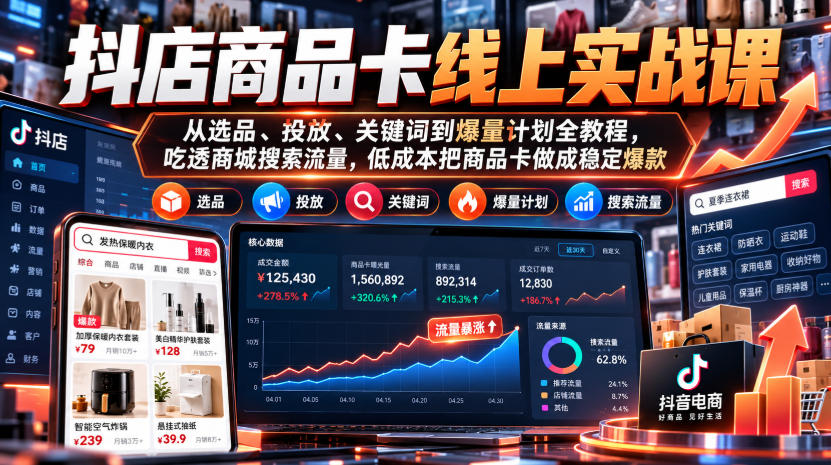 抖店商品卡线上实战课｜从选品、投放、关键词到爆量计划全教程，吃透商城搜索流量，低成本把商品卡做成稳定爆款-网赚36计