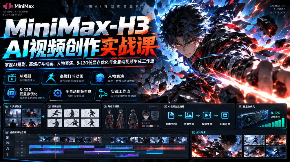 MiniMax-H3 AI视频创作实战课,掌握AI短剧、高燃打斗动画、人物表演、8-12G低显存优化与全自动视频生成工作流-网赚36计