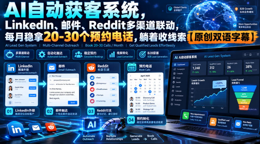 【无水印】AI自动获客系统,LinkedIn、邮件、Reddit多渠道联动,每月稳拿20-30个预约电话,躺着收线索【原创双语字幕】-网赚36计