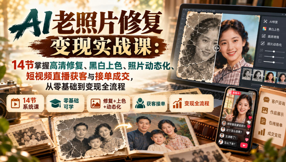 AI老照片修复变现实战课:14节掌握高清修复、黑白上色、照片动态化、短视频直播获客与接单成交,从零基础到变现全流程-网赚36计