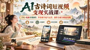 AI古诗词短视频变现实战课：手机+电脑双端制作，零基础学起号运营、创作分成与收徒变现-网赚36计