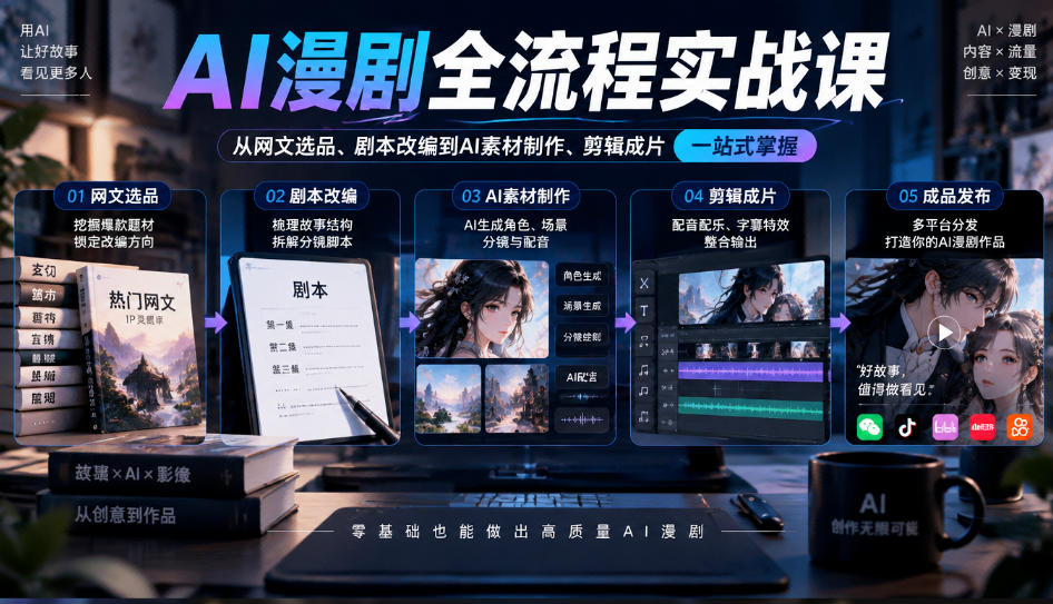 AI漫剧全流程实战课，覆盖从网文选品、剧本改编到AI素材制作、剪辑成片的完整链路-网赚36计