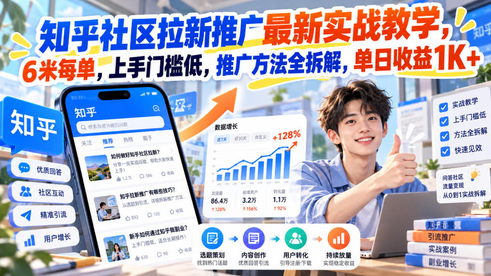 知乎社区拉新推广最新实战教学，6米每单，上手门槛低，推广方法全拆解，单日收益1K+！（更新1030）-网赚36计