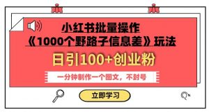 小红书批量操作《1000个野路子信息差》玩法,一分钟制作一个图文,不封号,日引100+创业粉-网赚36计
