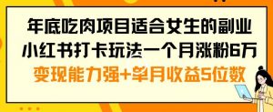 年底吃肉项目适合女生的副业小红书打卡玩法一个月涨粉6万+变现能力强+单月收益5位数【揭秘】-网赚36计