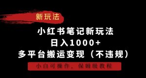 小红书笔记新玩法，日入1000+，多平台搬运变现（不违规），小白可操作，保姆级教程【揭秘】-网赚36计
