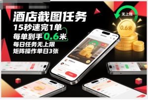 酒店截图任务,15秒速完1单,每单到手0.6米,每日任务无上限,全网首发玩法,矩阵操作单日3张【揭秘】-网赚36计