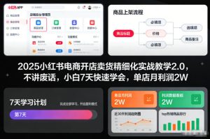 2025小红书电商开店卖货精细化实战教学2.0，不讲废话，小白7天快速学会，单店月利润2W-网赚36计