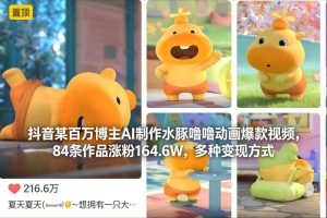 抖音某百万博主AI制作水豚噜噜动画爆款视频,84条作品涨粉164.6W,多种变现方式-网赚36计