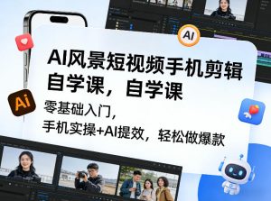 AI风景短视频手机剪辑自学课,零基础入门,手机实操+AI提效,轻松做爆款-网赚36计