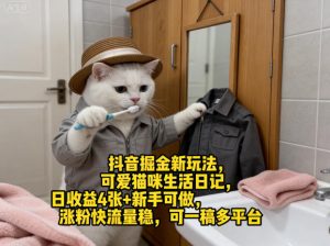抖音掘金新玩法，可爱猫咪生活日记，日收益4张+新手可做，涨粉快流量稳，可一稿多平台-网赚36计