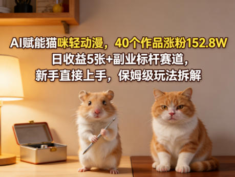 AI赋能猫咪轻动漫,40个作品涨粉152.8W,日收益5张+副业标杆赛道,新手直接上手,保姆级玩法拆解-网赚36计
