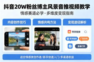 抖音20W粉丝博主风景音推视频教学，情感赛道必学，各种变现途径-网赚36计
