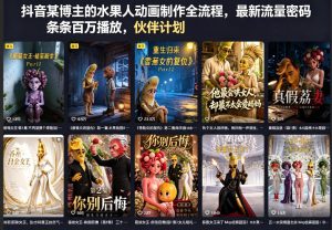 抖音某博主的水果人动画制作全流程,最新流量密码,条条百万播放,伙伴计划|分成计划|商单|收徒等-网赚36计