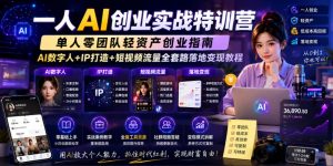 一人AI创业实战特训营，单人零团队轻资产创业指南，AI数字人+IP打造+短视频流量全套路落地变现教程-网赚36计