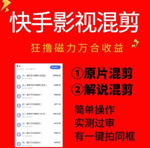 快手影视混剪项目，狂撸磁力万合收益，简单操作，实测过审，有一键拍同框，单日收益500+-网赚36计