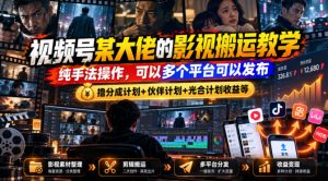 视频号某大佬的影视搬运教学，纯手法操作，可以多个平台可以发布，撸分成计划+伙伴计划+光合计划收益等-网赚36计